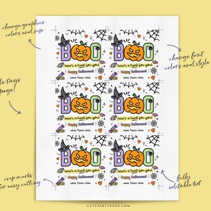 May include: Printable Halloween treat bag tags featuring a cute cartoon pumpkin wearing a witch's hat and the text "BOO! Here's a treat for you! Happy Halloween!" The tags are designed to be cut out and used for Halloween treats.
