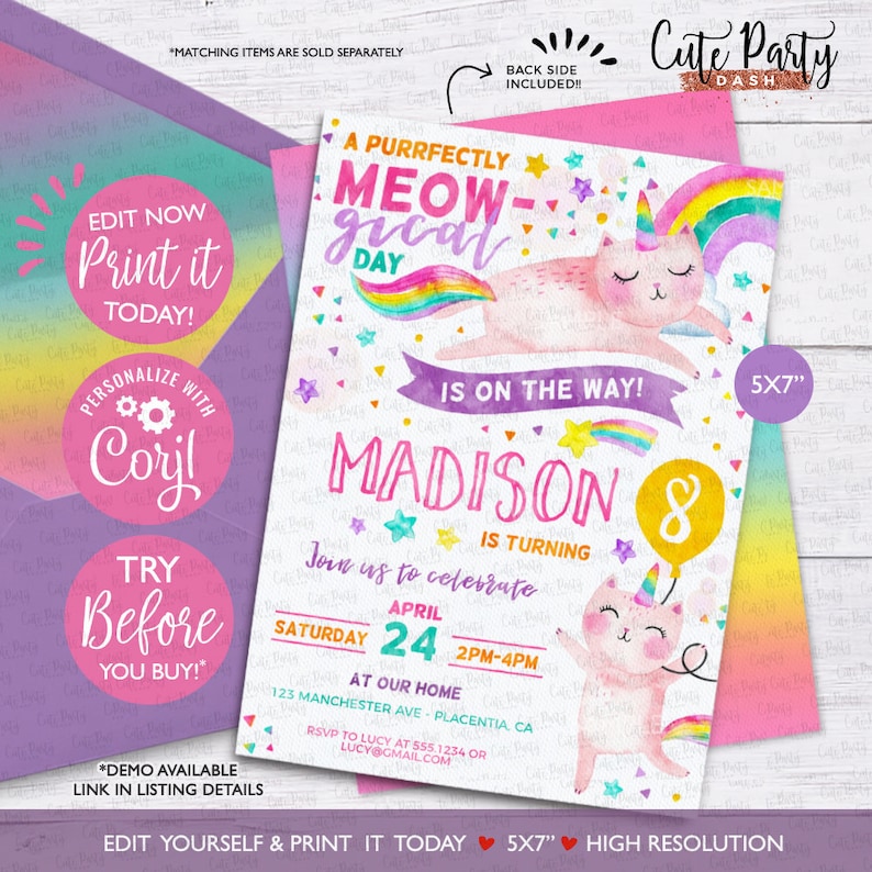 INSTANT DOWNLOAD, Caticorn Birthday Party invitation, Cat unicorn rainbow Birthday, corjl invitation girl Printable EDITABLE Caticorn #496
