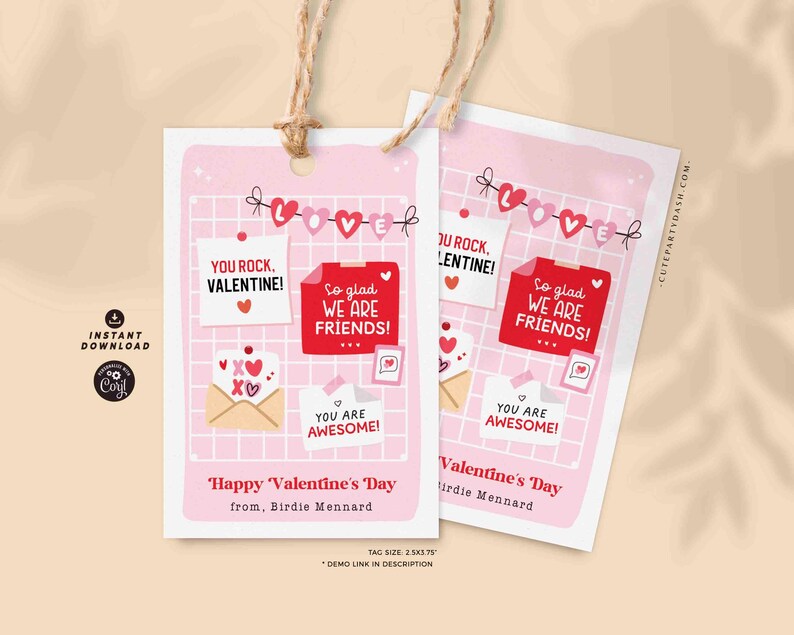 Happy Valentine's Day Classroom Valentine Kids Tag Printable INSTANT DOWNLOAD Teacher Valentines Notes Gift Coworker Team  EDITABLE gift tag