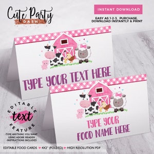 May include: Editable food cards with a pink and white gingham pattern. The cards feature a cartoon illustration of a red barn, a cow, a pig, a chick, and a sheep. The text on the cards reads "Type your text here" and "Type your food name here".