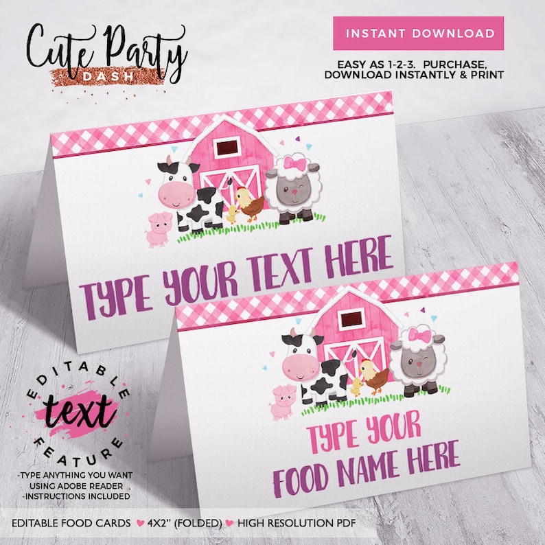 May include: Editable food cards with a pink and white gingham pattern. The cards feature a cartoon illustration of a red barn, a cow, a pig, a chick, and a sheep. The text on the cards reads "Type your text here" and "Type your food name here".