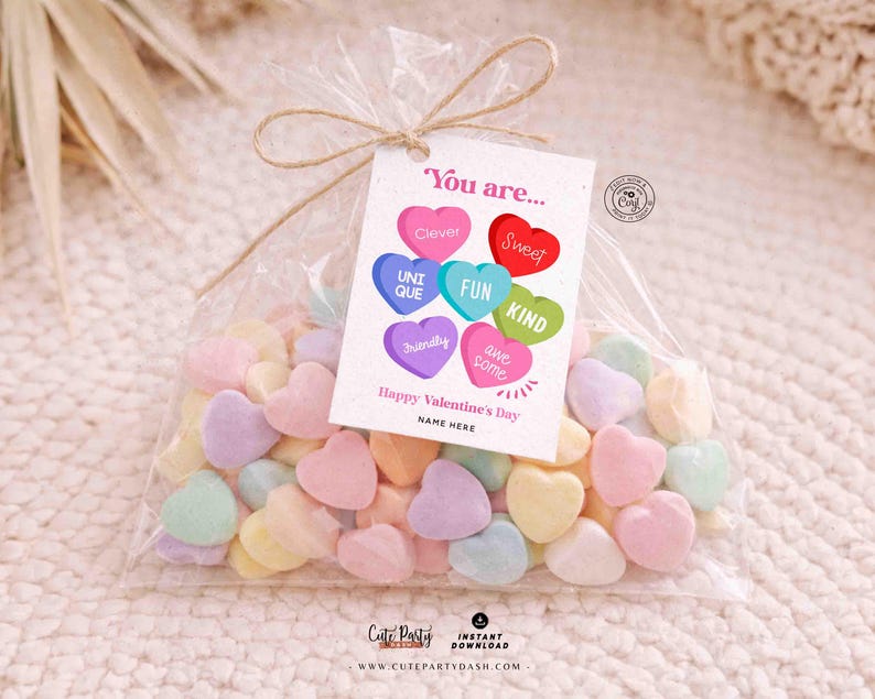Candy Hearts Valentine's Day Tag Printable, Kids Classroom Exchange, Editable Teacher  Valentine Tag