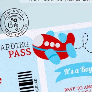 Airplane Baby Shower invite Template Editable Boarding Pass Baby Shower Ticket invitation Printable Baby Boy Shower 213 INSTANT DOWNLOAD
