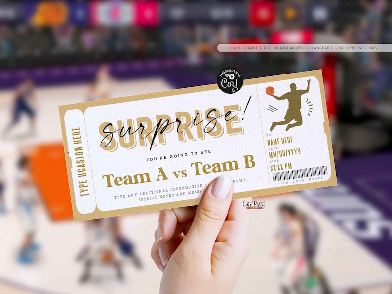 May include: A printable ticket template for a basketball game. The ticket is brown with gold text and a basketball player silhouette. The text says "Surprise! You're going to see Team A vs Team B".