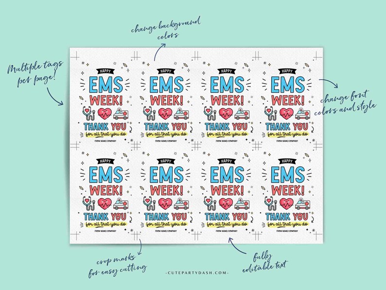 May include: Printable tags with the text "Happy EMS Week! Thank you for all that you do."  The tags are decorated with a stethoscope, heart, and ambulance.  The tags are designed to be cut out and used for gifts or appreciation.