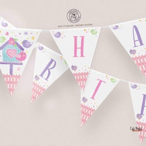 Little Bird Birthday Banner: Editable Pennant Flags (Digital Download)