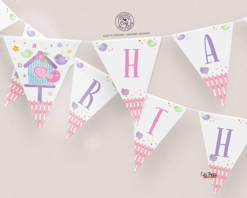 May include: A pink and purple birthday banner with the word "Happy" spelled out in white letters. The banner features a birdhouse with a heart and two birds, and a pink and white striped pattern.