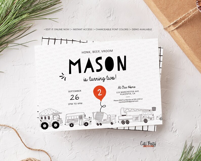 May include: A birthday invitation for a boy named Mason turning two. The invitation features a black and white illustration of construction vehicles and a red balloon with the number two. The text on the invitation reads "Honk, Beep, Vroom Mason is turning two! September 26 2PM to 4PM At Our Home 123 Manchester Ave Placentia, CA Please RSVP to Maria at 555.1234 or masonkhom@gmail.com"