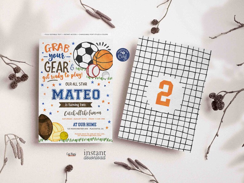 Sports Birthday invitation Printable INSTANT DOWNLOAD EDITABLE All Star Football Soccer Baseball Sport Balls Birthday Invite Sport Theme 438