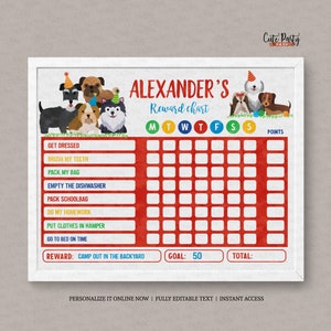 Puede incluir: Un cuadro de recompensas imprimible rojo y blanco con tem&aacute;tica de perros. El cuadro tiene un t&iacute;tulo que dice "El cuadro de recompensas de Alexander". Tiene una cuadr&iacute;cula con los d&iacute;as de la semana y espacios para puntos. El cuadro tiene una lista de tareas como "Vestirse", "Cepillarse los dientes", "Empacar la mochila", "Vaciar el lavavajillas", "Empacar la mochila escolar", "Hacer la tarea", "Poner la ropa en la cesta de la ropa sucia" y "Acostarse a tiempo". El cuadro tambi&eacute;n tiene una secci&oacute;n de recompensa que dice "Acampar en el patio trasero". El objetivo es de 50 puntos.
