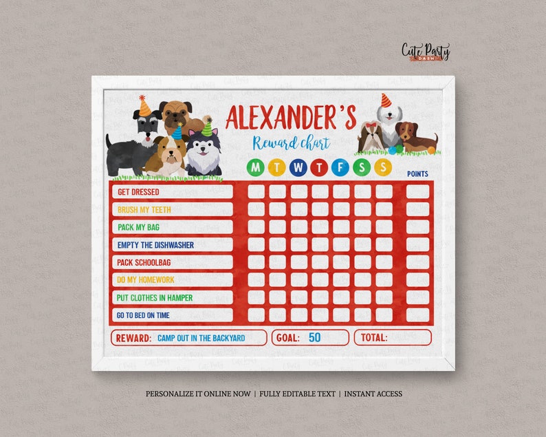 Puede incluir: Un cuadro de recompensas imprimible rojo y blanco con tem&aacute;tica de perros. El cuadro tiene un t&iacute;tulo que dice "El cuadro de recompensas de Alexander". Tiene una cuadr&iacute;cula con los d&iacute;as de la semana y espacios para puntos. El cuadro tiene una lista de tareas como "Vestirse", "Cepillarse los dientes", "Empacar la mochila", "Vaciar el lavavajillas", "Empacar la mochila escolar", "Hacer la tarea", "Poner la ropa en la cesta de la ropa sucia" y "Acostarse a tiempo". El cuadro tambi&eacute;n tiene una secci&oacute;n de recompensa que dice "Acampar en el patio trasero". El objetivo es de 50 puntos.