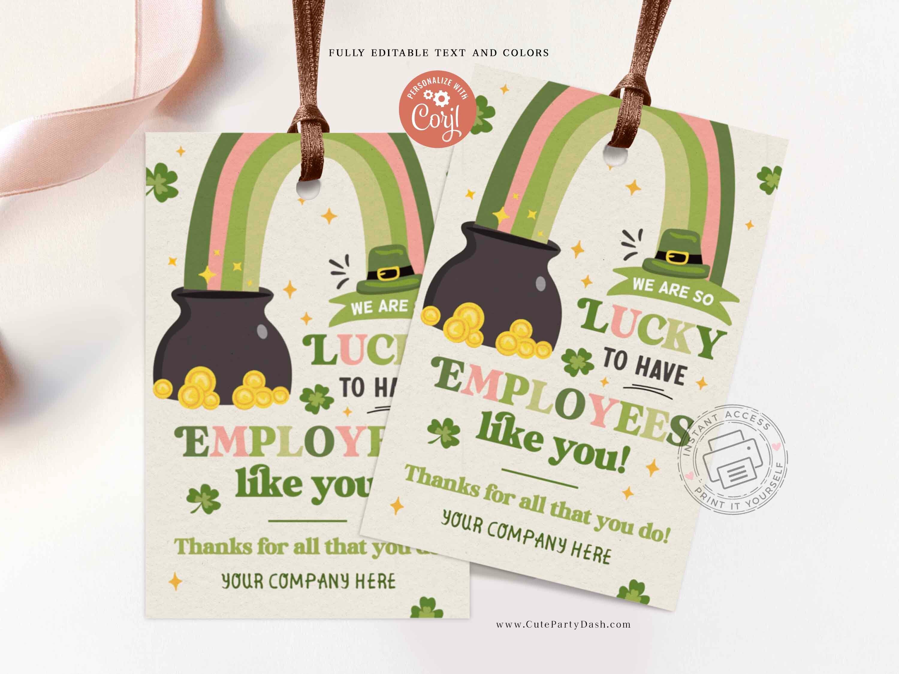 St. Patrick's Day Employee Gift Tags: Shamrock Rainbow Design (INSTANT DOWNLOAD EDITABLE)
