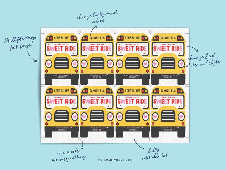 Puede incluir: Etiquetas imprimibles para el D&iacute;a de San Valent&iacute;n con un autob&uacute;s escolar amarillo con el texto "Gracias por el dulce viaje". Las etiquetas est&aacute;n dise&ntilde;adas para un corte f&aacute;cil y son totalmente editables.