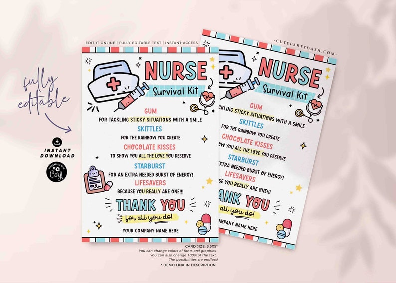 Editable Nurse Survival Kit Gift Tag: Appreciation Thank You Card (Digital Download) image 1