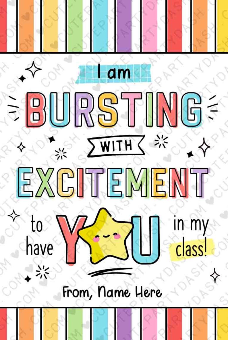 Bursting With Excitement Back to School Candy Tag Editable Printable Teacher Kids Starburst First day of school gift tag INSTANT DOWNLOAD