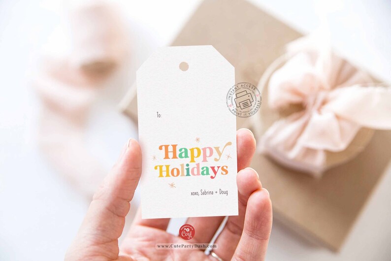 Retro Happy Holidays gift Tags, Editable Happy Holidays hang Tag, Printable Retro Vintage Minimalist Christmas Corjl INSTANT DOWNLOAD