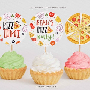 May include: Three cupcake toppers with pizza designs. The first topper says "Pizza Time" with a pizza slice and pizza toppings. The second topper says "Beau's Pizza Party!" with a pizza slice and pizza toppings. The third topper has six pizza slices with different toppings.