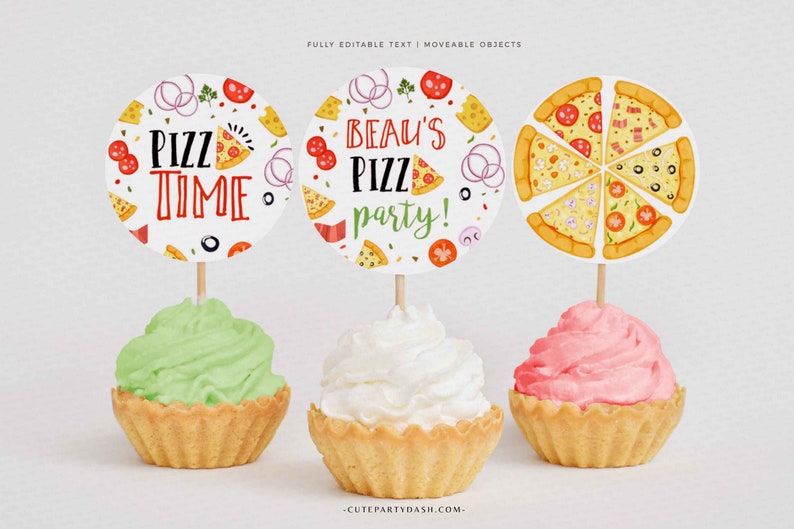 May include: Three cupcake toppers with pizza designs. The first topper says "Pizza Time" with a pizza slice and pizza toppings. The second topper says "Beau's Pizza Party!" with a pizza slice and pizza toppings. The third topper has six pizza slices with different toppings.