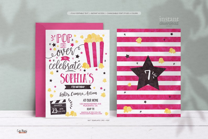 May include: A pink and white striped invitation with a black star and the number 7. The invitation says "Pop over to celebrate Sophia's 7th Birthday". The invitation also has a cartoon image of a popcorn bucket with popcorn.