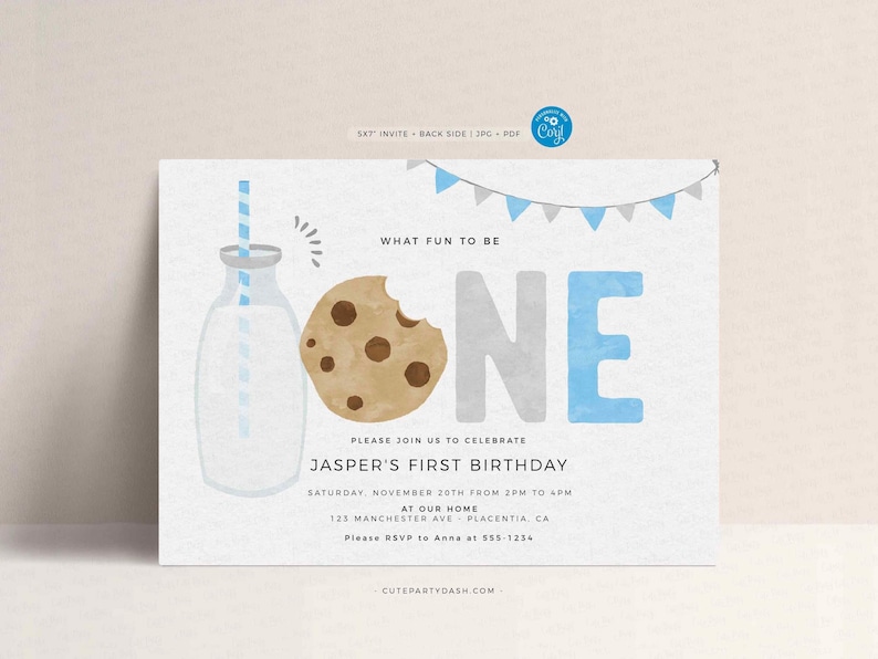 Minimal Milk and Cookies Birthday invitation, INSTANT DOWNLOAD, EDITABLE Minimalist Baby Blue Printable Milk & Cookies Corjl invite 526