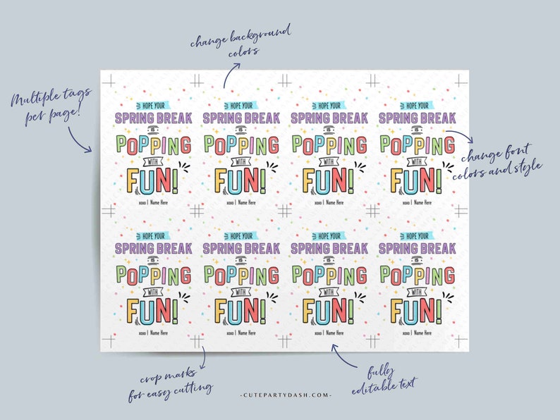 Editable Spring Break Popping with Fun Gift Tag Template, Printable Spring Break Classmate Tags Preschool Classroom Kids INSTANT DOWNLOAD
