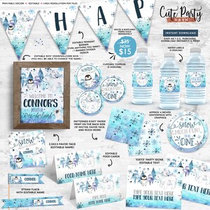 May include: Printable party decorations for a winter-themed first birthday party. The set includes a welcome sign, pennant banner, cupcake toppers, favor tags, food cards, party signs, water bottle labels, and a centerpiece. The design features a penguin and polar bear with a blue and white watercolor background.