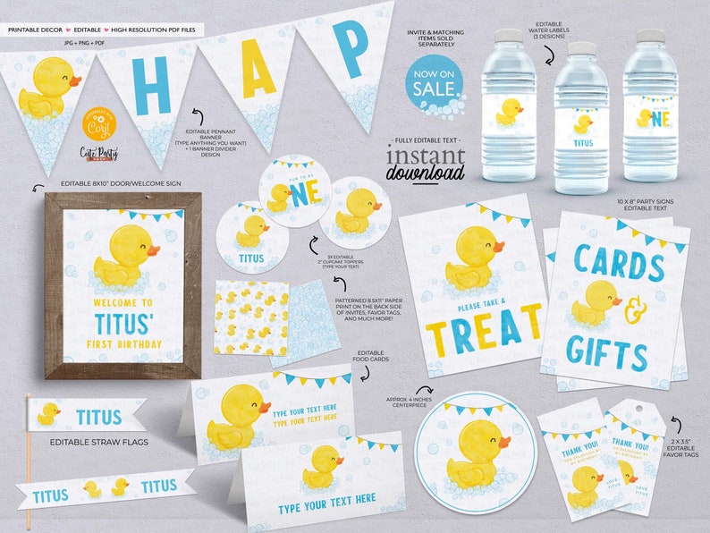 May include: Editable printable party decorations for a first birthday with a yellow rubber ducky theme. The set includes a welcome sign, banners, water bottle labels, treat bags, food cards, and more. The text is editable, so you can personalize it with the child's name and age.