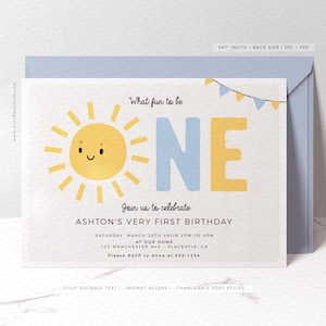 Little Sunshine Birthday Boy invitation, Printable Editable invite, Boho Sun Little Sunshine First birthday party, INSTANT DOWNLOAD 446