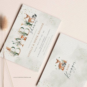 May include: A baby shower invitation with a woodland theme. The invitation features a deer, fox, owl, and raccoon surrounded by greenery and gold glitter. The text on the invitation reads "Baby Shower" and "Janelle & Derek Kruger".