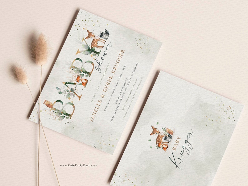 May include: A baby shower invitation with a woodland theme. The invitation features a deer, fox, owl, and raccoon surrounded by greenery and gold glitter. The text on the invitation reads "Baby Shower" and "Janelle & Derek Kruger".