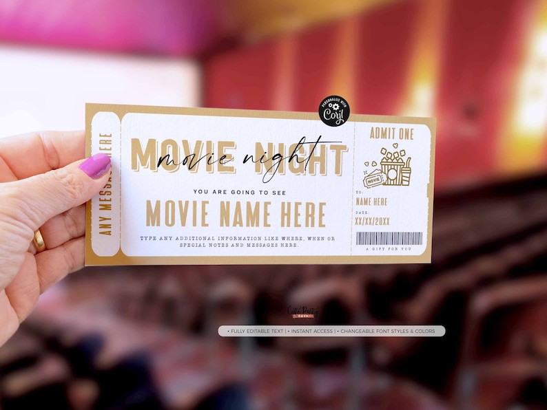 May include: A printable movie night ticket template with gold text on a white background. The text reads "movie night" and "MOVIE NAME HERE". The ticket also includes a space for the name, date, and a barcode.