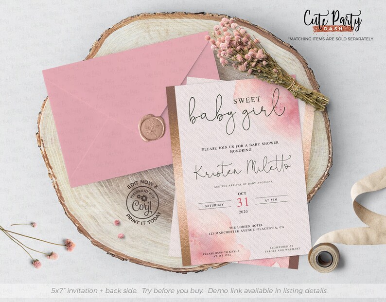 Puede incluir: Una invitaci&oacute;n de baby shower rosa y dorada con el texto "Sweet baby girl" y un fondo de acuarela. La invitaci&oacute;n incluye la fecha, la hora y el lugar del evento. Tambi&eacute;n incluye el nombre de la homenajeada, Kristen Miletto.