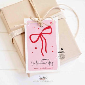 Red Coquette Bow Happy Valentine's Day Gift Tag Printable INSTANT DOWNLOAD Whimsical Teacher Valentines Gift Co worker Team EDITABLE Kids