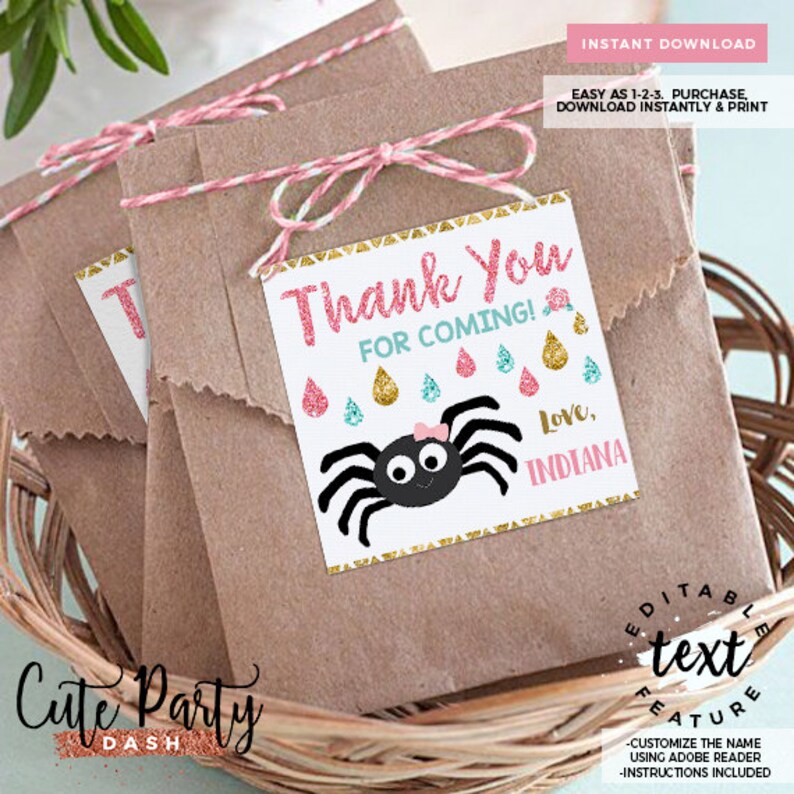 Editable Itsy Bitsy spider First birthday Girl favor tags