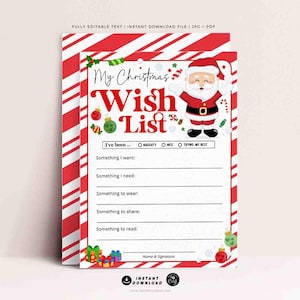 Christmas Wish List for kids Printable INSTANT DOWNLOAD Editable Christmas 5x7" Holidays Wish List template Santa Wish List, Letter to Santa