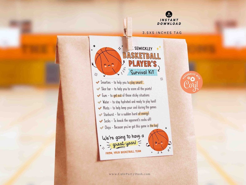 May include: A brown paper bag with a colorful tag attached. The tag features a basketball with a smiling face and the text "Sewickley Basketball Player's Survival Kit". The tag lists various items, such as Smarties, Skor bar, gum, water, mints, Starburst, socks, and chips. The tag also includes the text "We're going to have a great year!" and "From your basketball team".