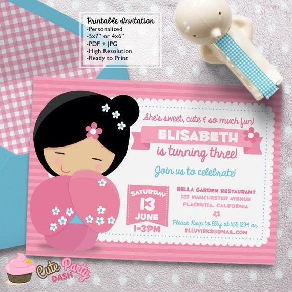 Invitations De Fete Danniversaire Poupee Kokeshi Diy Japonais Etsy