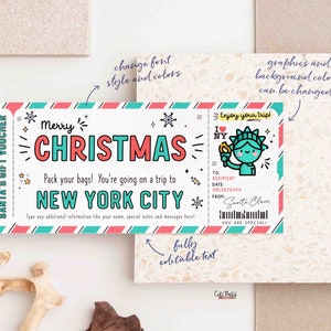 Christmas New York trip ticket Template, Editable Holiday gift ticket, Surprise NYC Vacation Boarding Pass Ticket Trip INSTANT DOWNLOAD Fech
