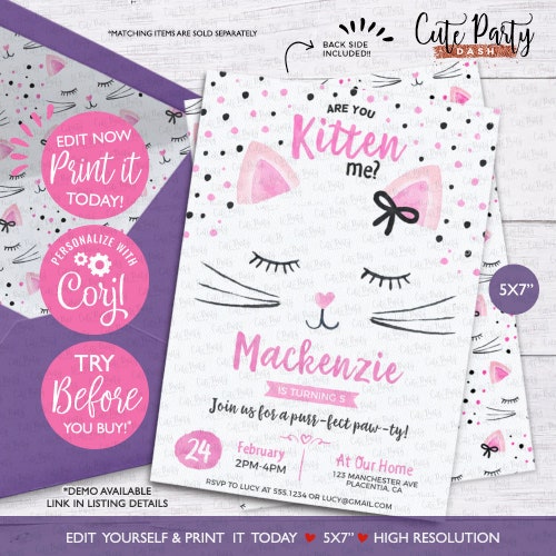 Editable Cat Birthday Invitation Girl Kitten Printable Invite - Etsy