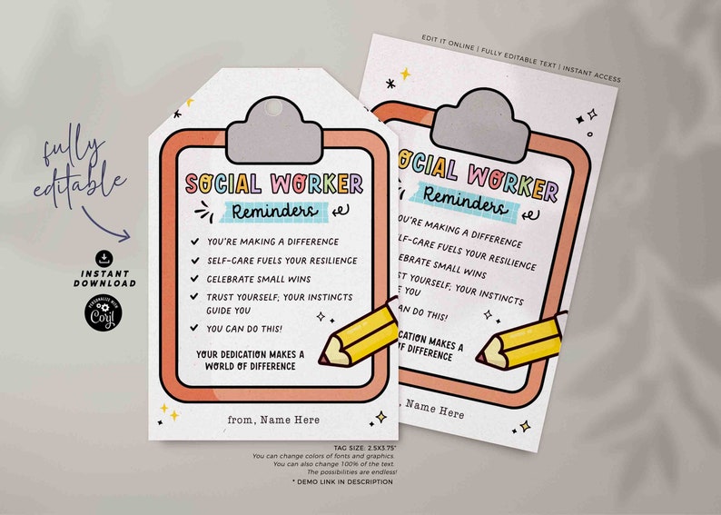 Op de afbeelding: Een printbare kaart om een sociaal werker te bedanken met een checklist van herinneringen. De kaart heeft een kleurrijk klembord met een potlood en de tekst "Social Worker Reminders". De tekst op de checklist omvat "You're making a difference", "Self-care fuels your resilience", "Celebrate small wins", "Trust yourself, your instincts guide you", en "You can do this!" De kaart bevat ook de tekst "Your dedication makes a world of difference".