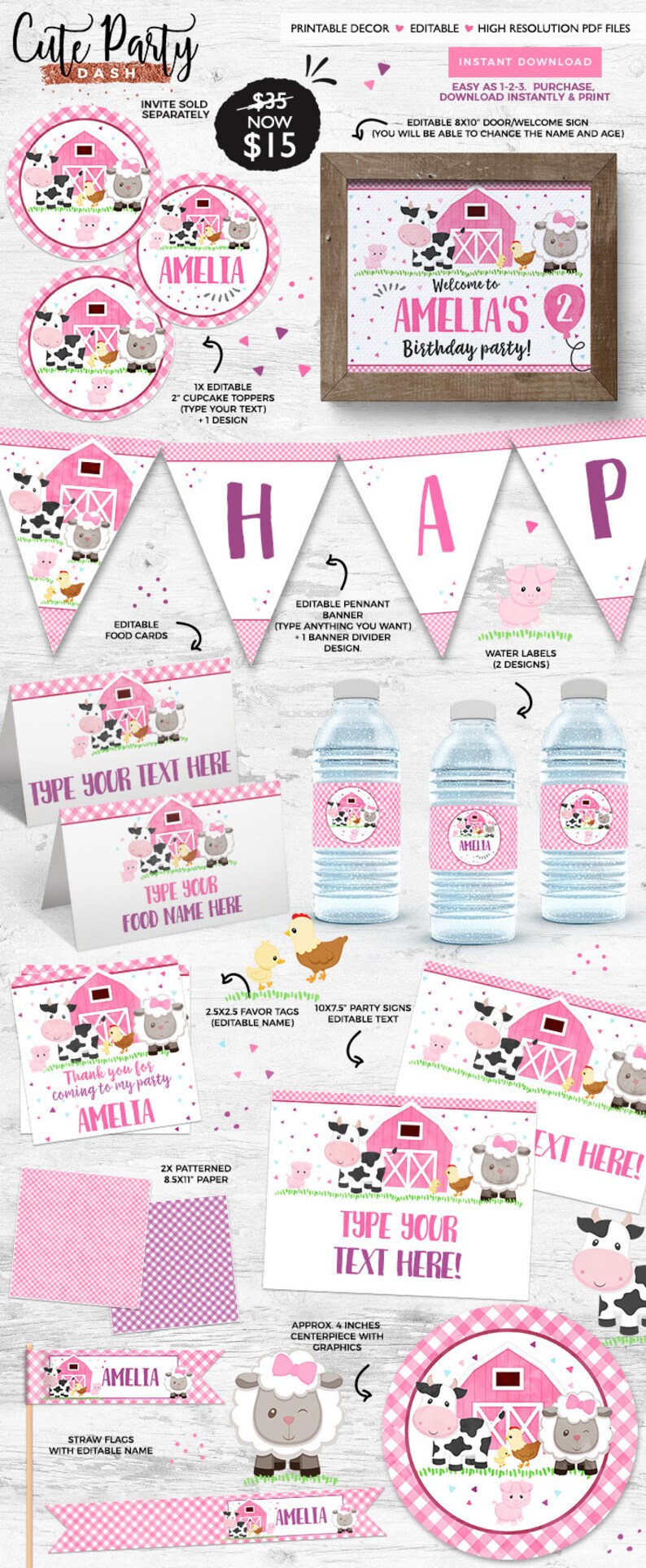 May include: Printable party decorations for a farm-themed birthday party. The set includes a welcome sign, pennant banner, cupcake toppers, food cards, water bottle labels, favor tags, party signs, and patterned paper. The decorations feature a pink and white color scheme with illustrations of a cow, pig, sheep, and chicken.