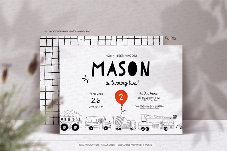 May include: A black and white printable invitation for a birthday party. The invitation features a grid pattern, the name "MASON", the text "is turning two!" and a red balloon with the number "2". The invitation also includes a line of black and white construction vehicles.