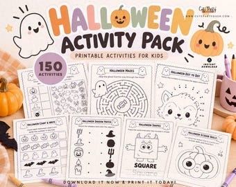 Könnte beinhalten: Ein Halloween-Aktivitätspaket mit 150 druckbaren Aktivitäten für Kinder. Die Sammlung enthält Labyrinthe, Punkt-zu-Punkt-Rätsel, Zählübungen, Schatten-Zuordnungsspiele, Formennachzeichnen und Scherenschnitt-Übungen mit Geister- und Kürbismotiven.