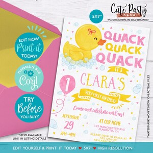 May include: A pink and yellow 5x7 inch printable invitation for a first birthday party. The invitation features a cartoon yellow rubber ducky in a bathtub with bubbles. The text on the invitation reads "Quack Quack Quack It's Clara's Very First Birthday".
