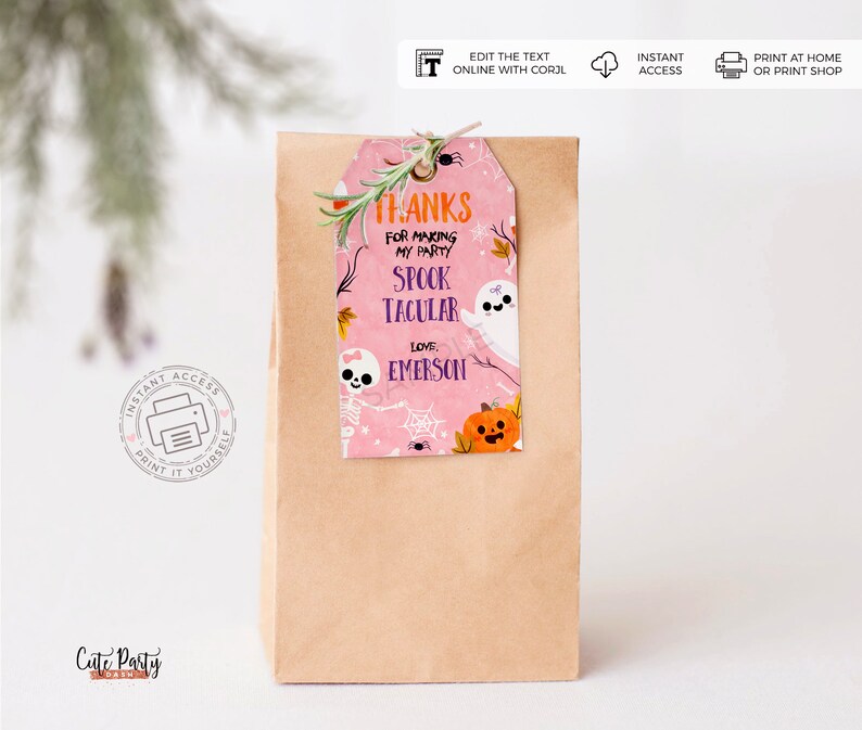 May include: Pink and purple Halloween party favor tag with a ghost, spider, and pumpkin. The tag says "Thanks for making my party Spooktacular. Love: Emerson".