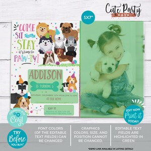 May include: A 5x7 inch printable invitation for a child's birthday party. The invitation features a colorful illustration of dogs with party hats and the text "Come Sit Stay It's time to Paw-ty!"  The invitation is personalized with the name "Addison" and the age "3".