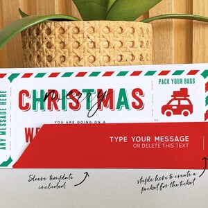 May include: A printable Christmas ticket template with a red and green striped border. The ticket says "Pack Your Bags" and "You Are Going On A Christmas Trip". The ticket has a space to type a message and a sleeve template is included.