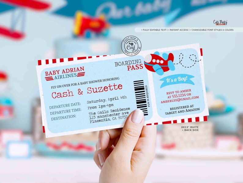 Airplane Baby Shower invite Template Editable Boarding Pass Baby Shower Ticket invitation Printable Baby Boy Shower 213 INSTANT DOWNLOAD