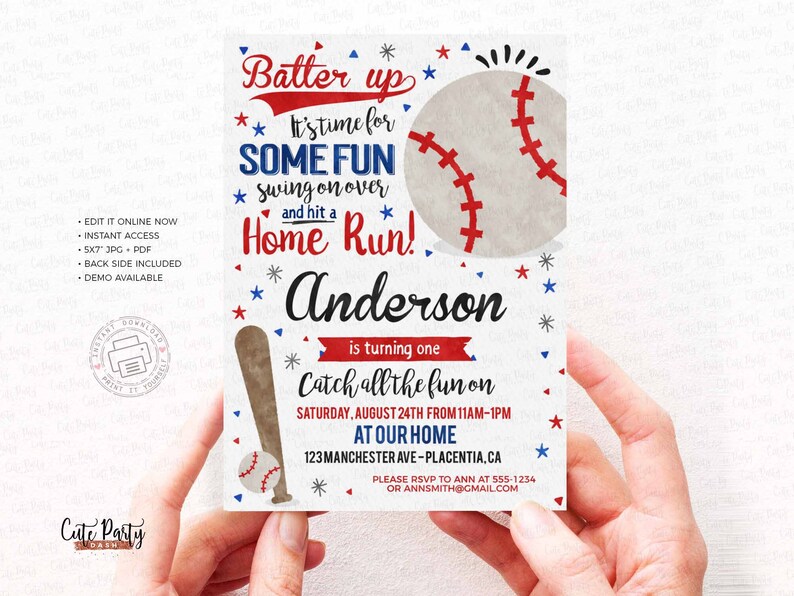 Baseball Birthday Party invitation, Sports Birthday Editable invite, INSTANT DOWNLOAD Printable Watercolor All Star Baseball Invitation 383