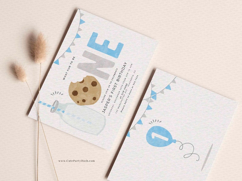 Minimal Milk and Cookies Birthday invitation, INSTANT DOWNLOAD, EDITABLE Minimalist Baby Blue Printable Milk & Cookies Corjl invite 526
